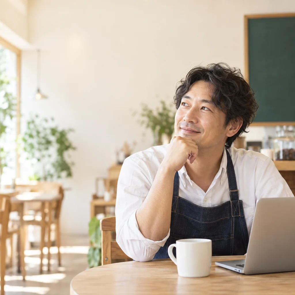 カフェで集客の次の一手を考える店主のイメージ